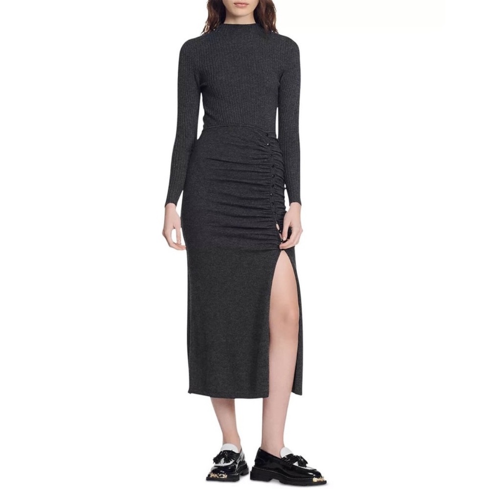 SANDRO Fabre Ruched ribbed knit midi long sleeve sweater dress Sz 36 4